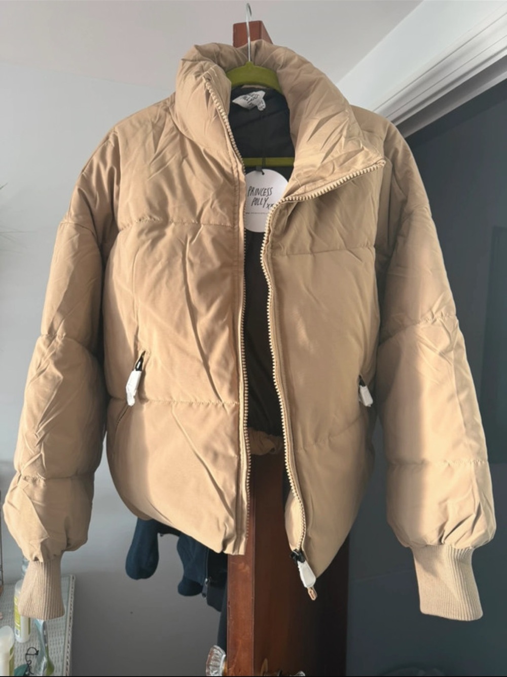 Princess Polly Tan Quilted High-Collar Puffer Jacket